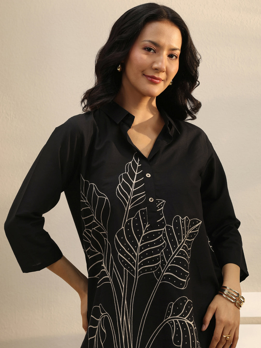 Black Floral Printed Cotton Straight Tunic