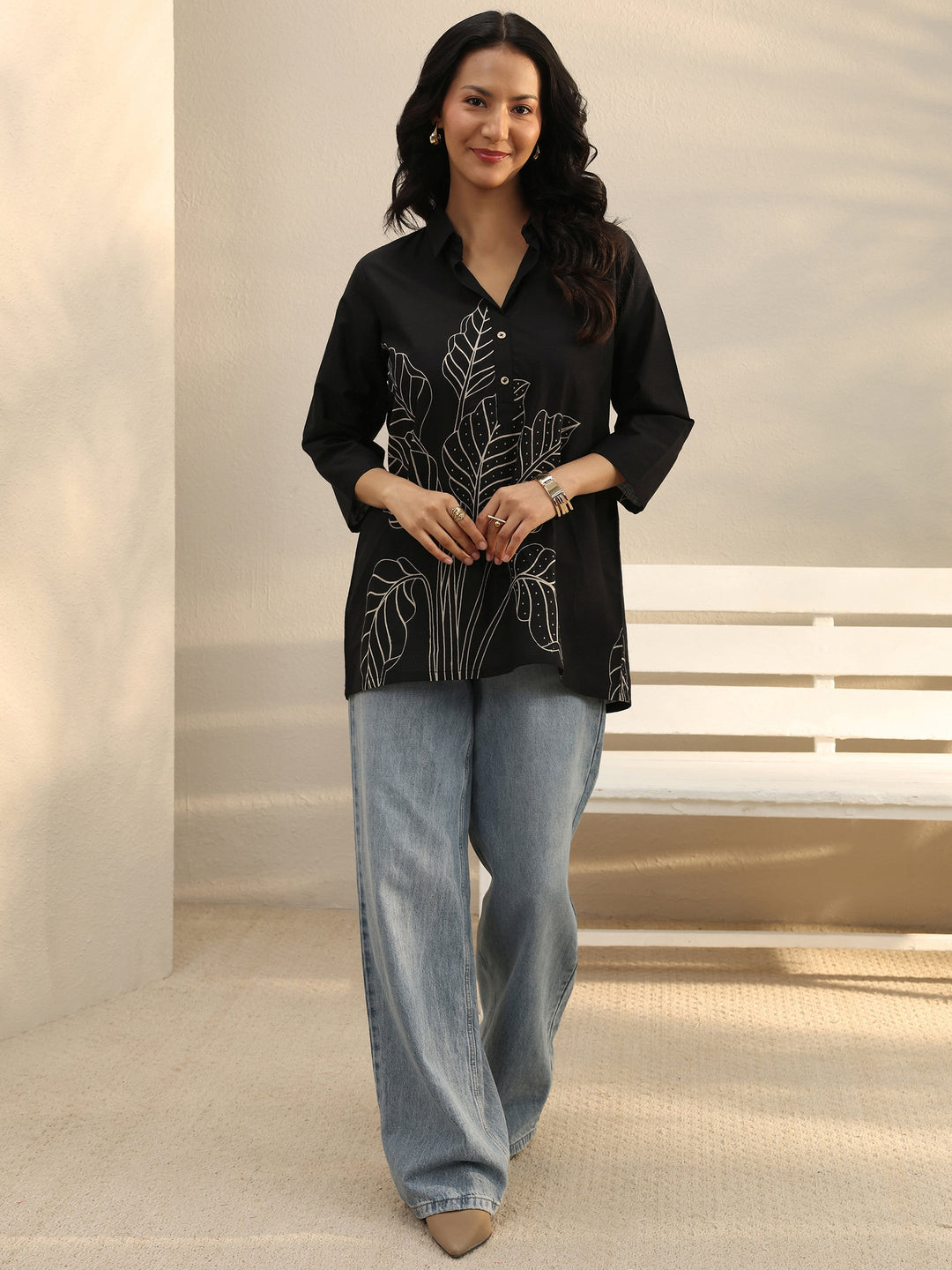 Black Floral Printed Cotton Straight Tunic