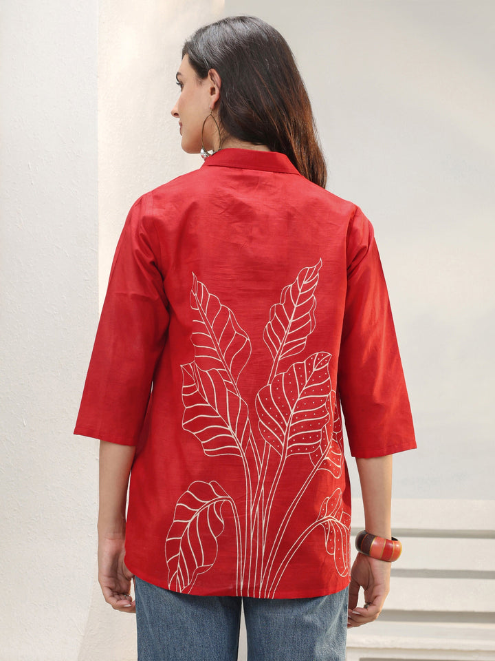 Red Floral Printed Cotton Straight Short Kurti