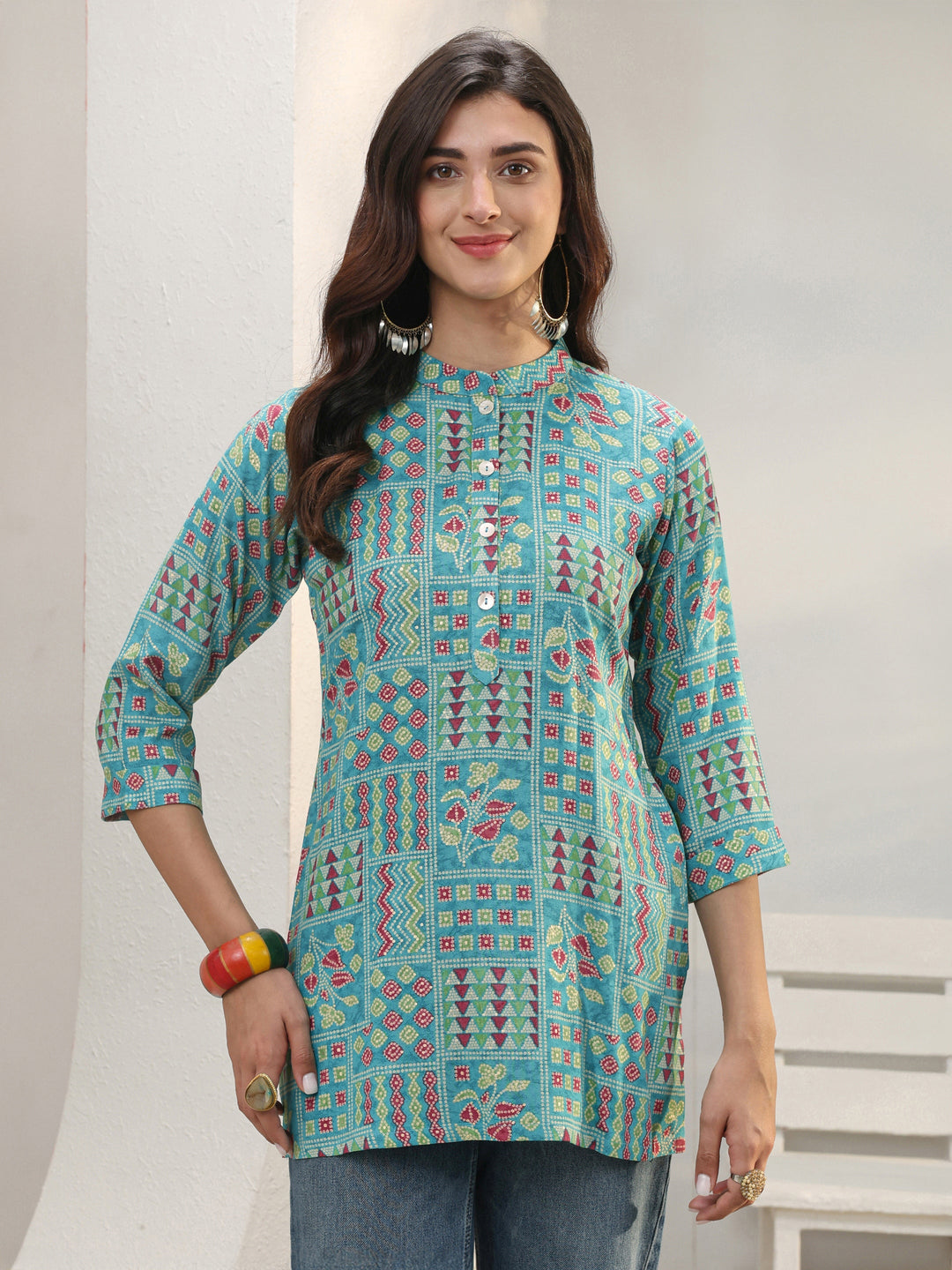 Blue Geometric Printed Rayon Straight Short Kurti
