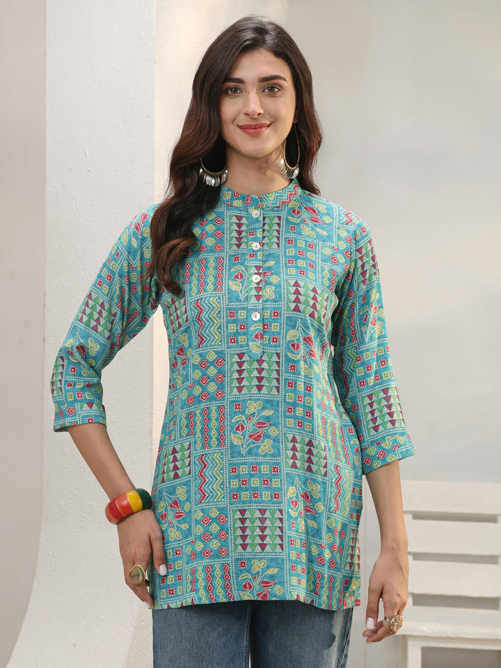 Blue Geometric Printed Rayon Straight Short Kurti