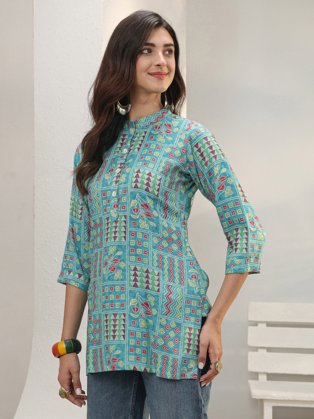 Blue Geometric Printed Rayon Straight Short Kurti