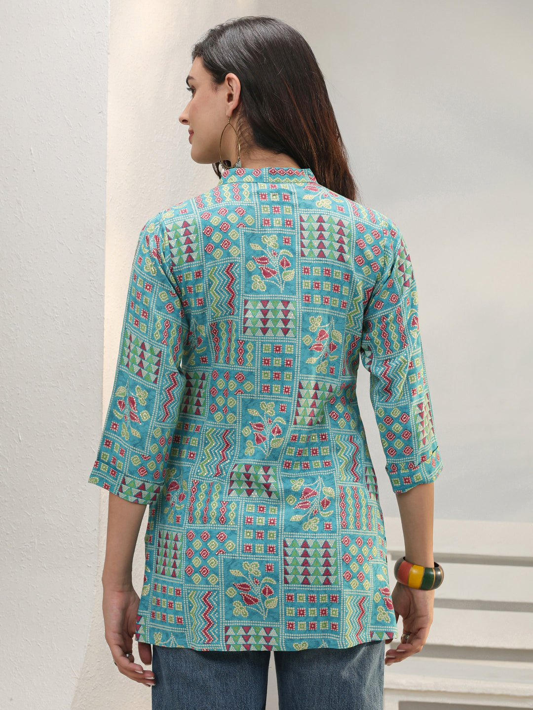 Blue Geometric Printed Rayon Straight Short Kurti
