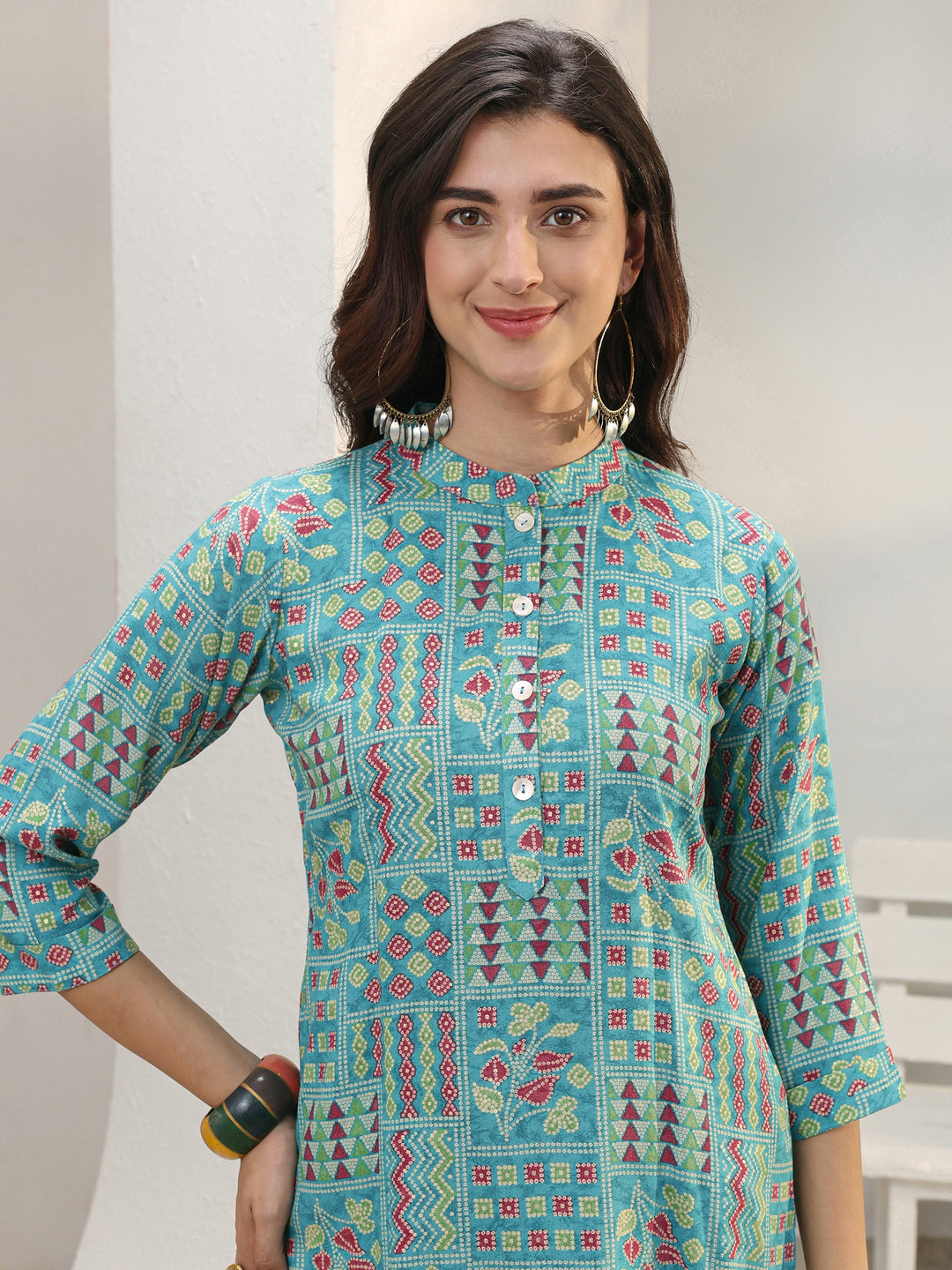 Blue Geometric Printed Rayon Straight Short Kurti
