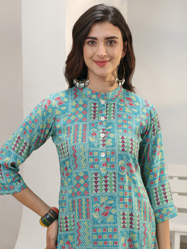 Blue Geometric Printed Rayon Straight Short Kurti