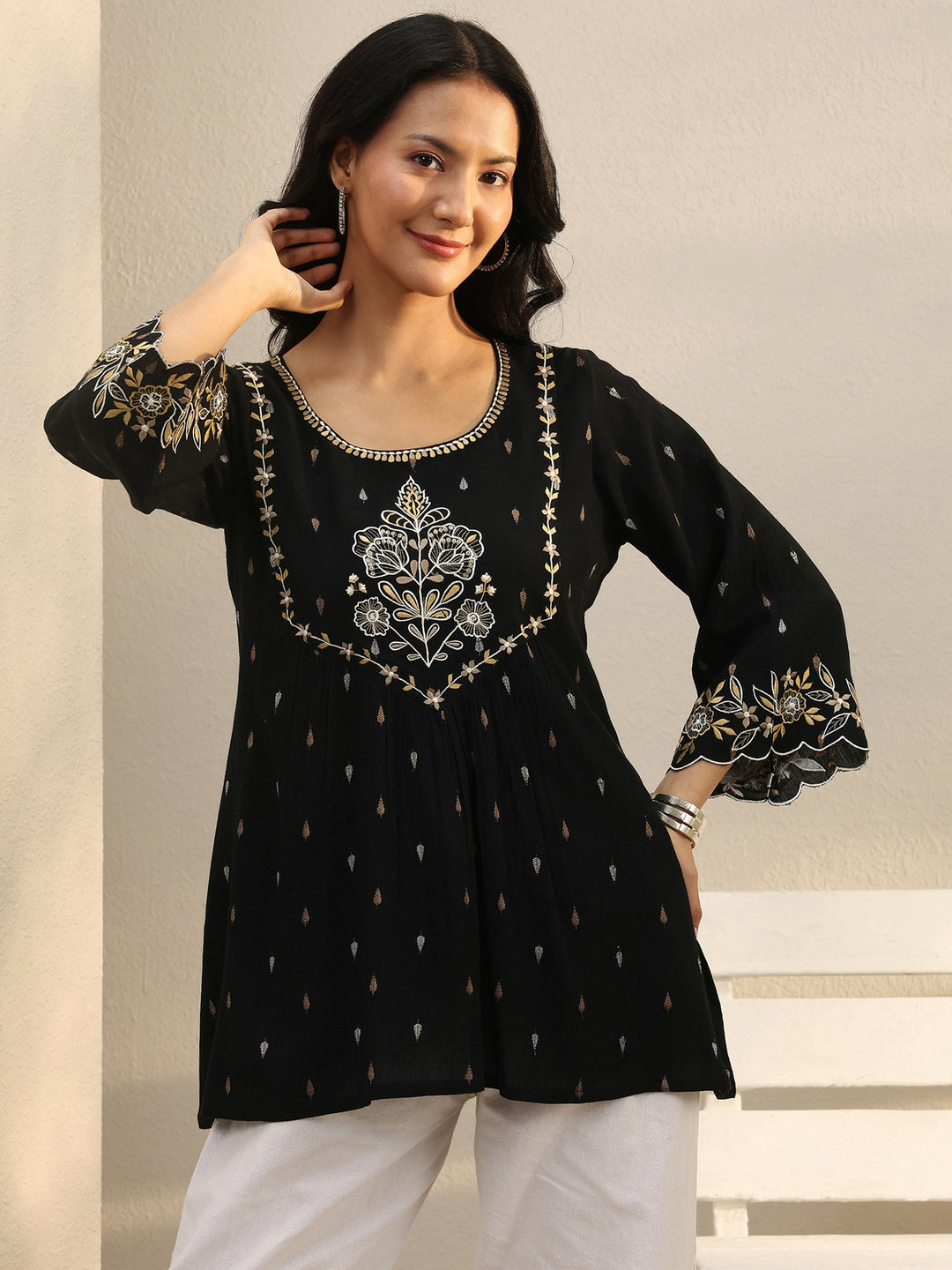 Black Floral Printed Rayon A-Line Short Kurti