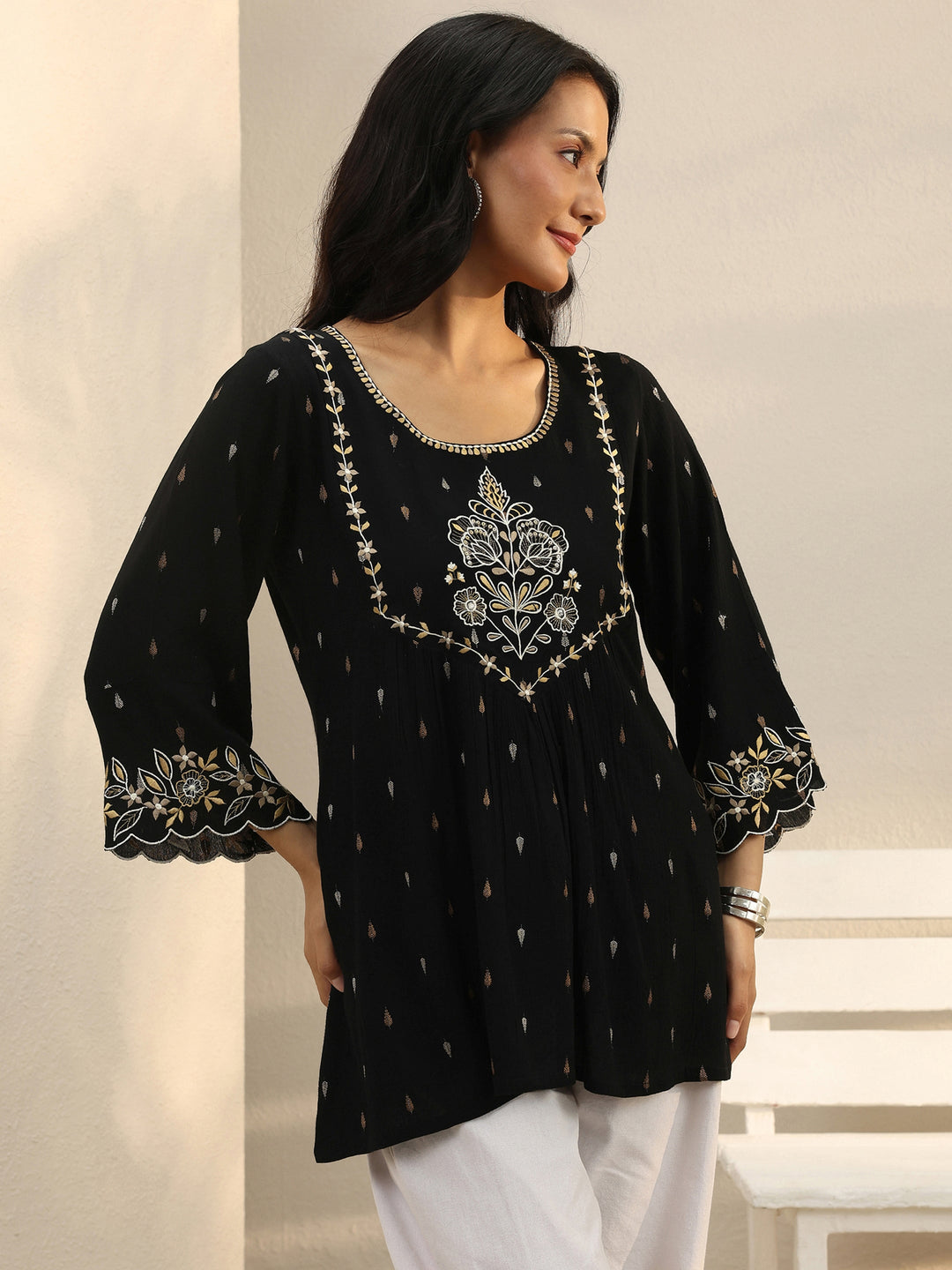 Black Floral Printed Rayon A-Line Short Kurti