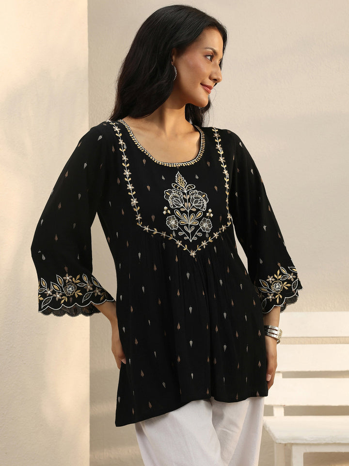 Black Floral Printed Rayon A-Line Short Kurti