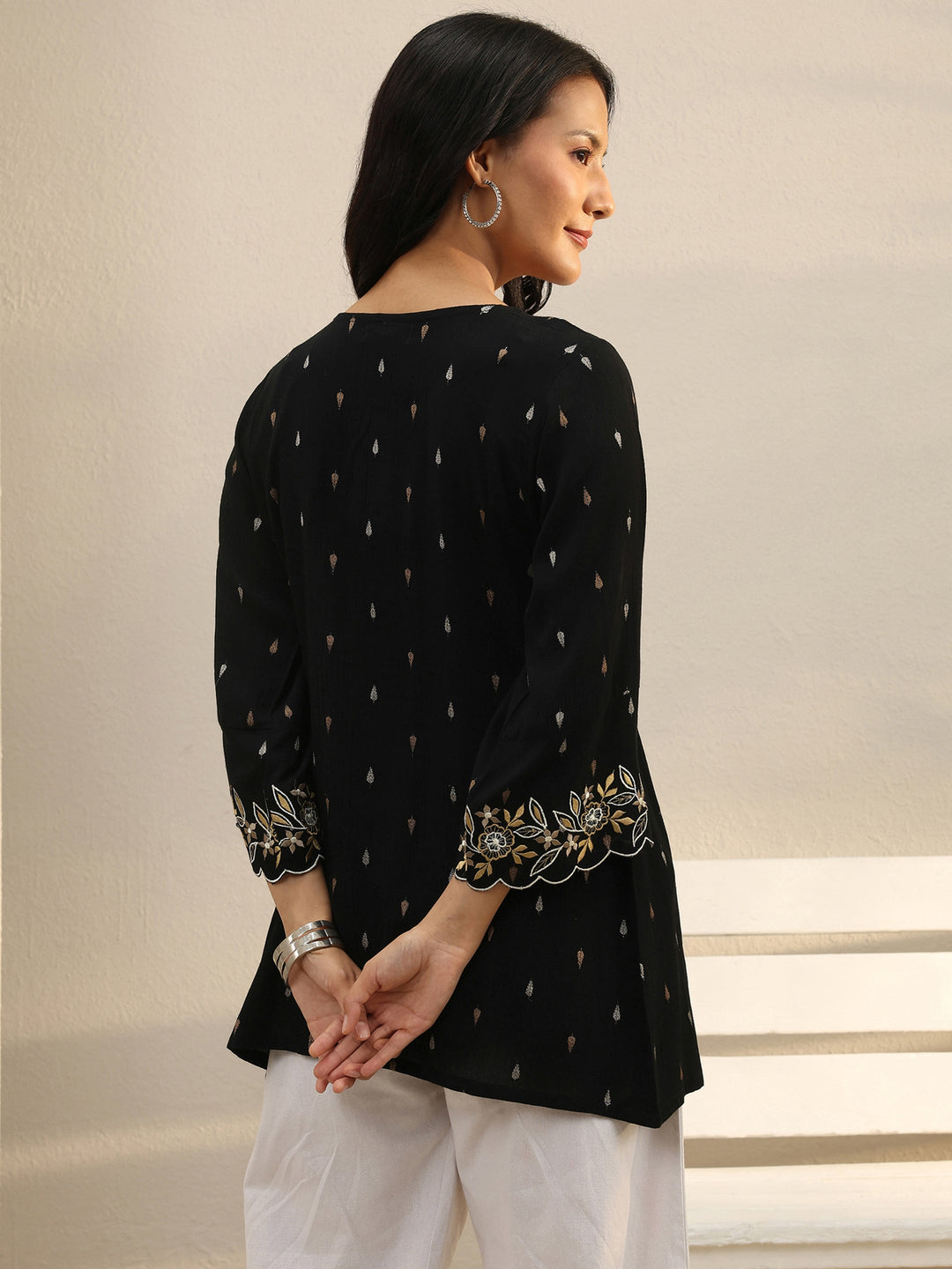 Black Floral Printed Rayon A-Line Short Kurti