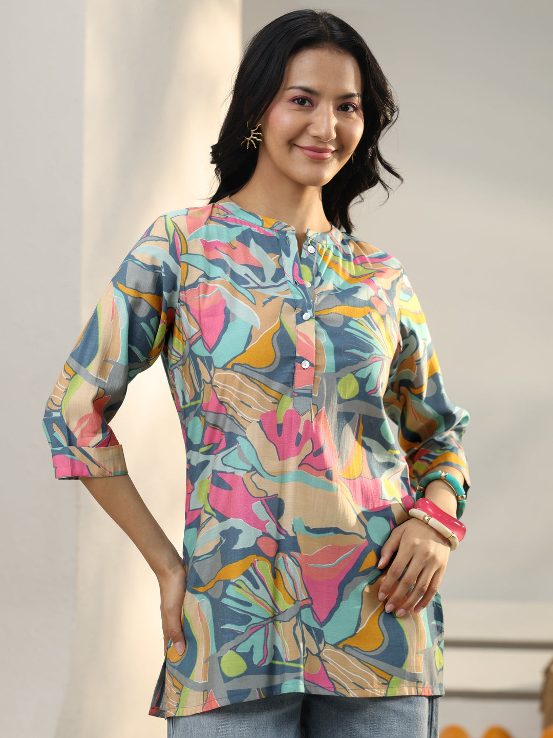 Multi Coloured Abstract Printed Silk Blend Straight Short Kurti
