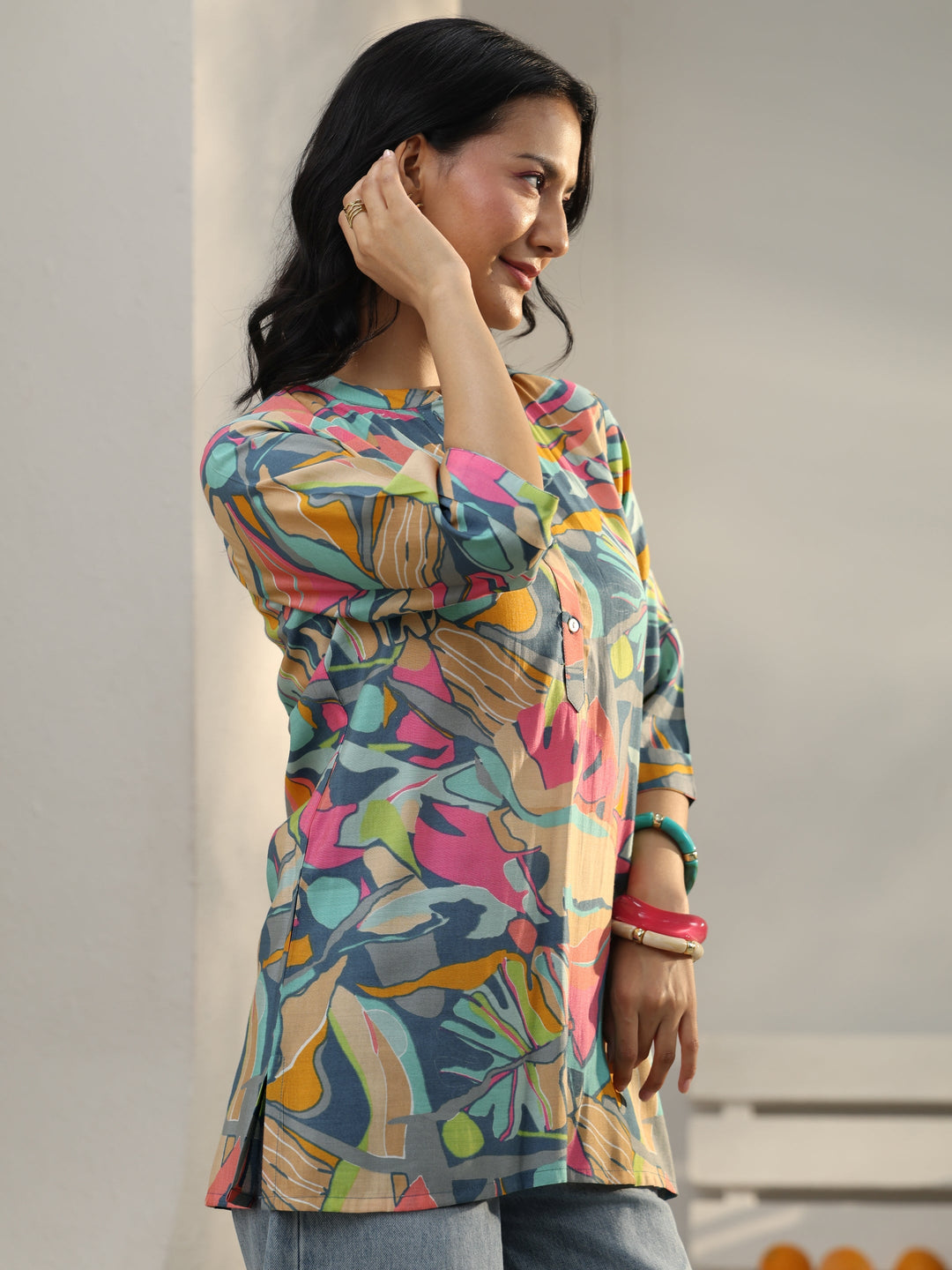 Multi Coloured Abstract Printed Silk Blend Straight Short Kurti