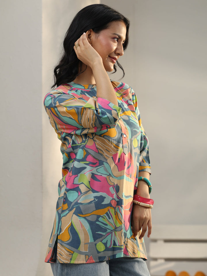 Multi Coloured Abstract Printed Silk Blend Straight Short Kurti