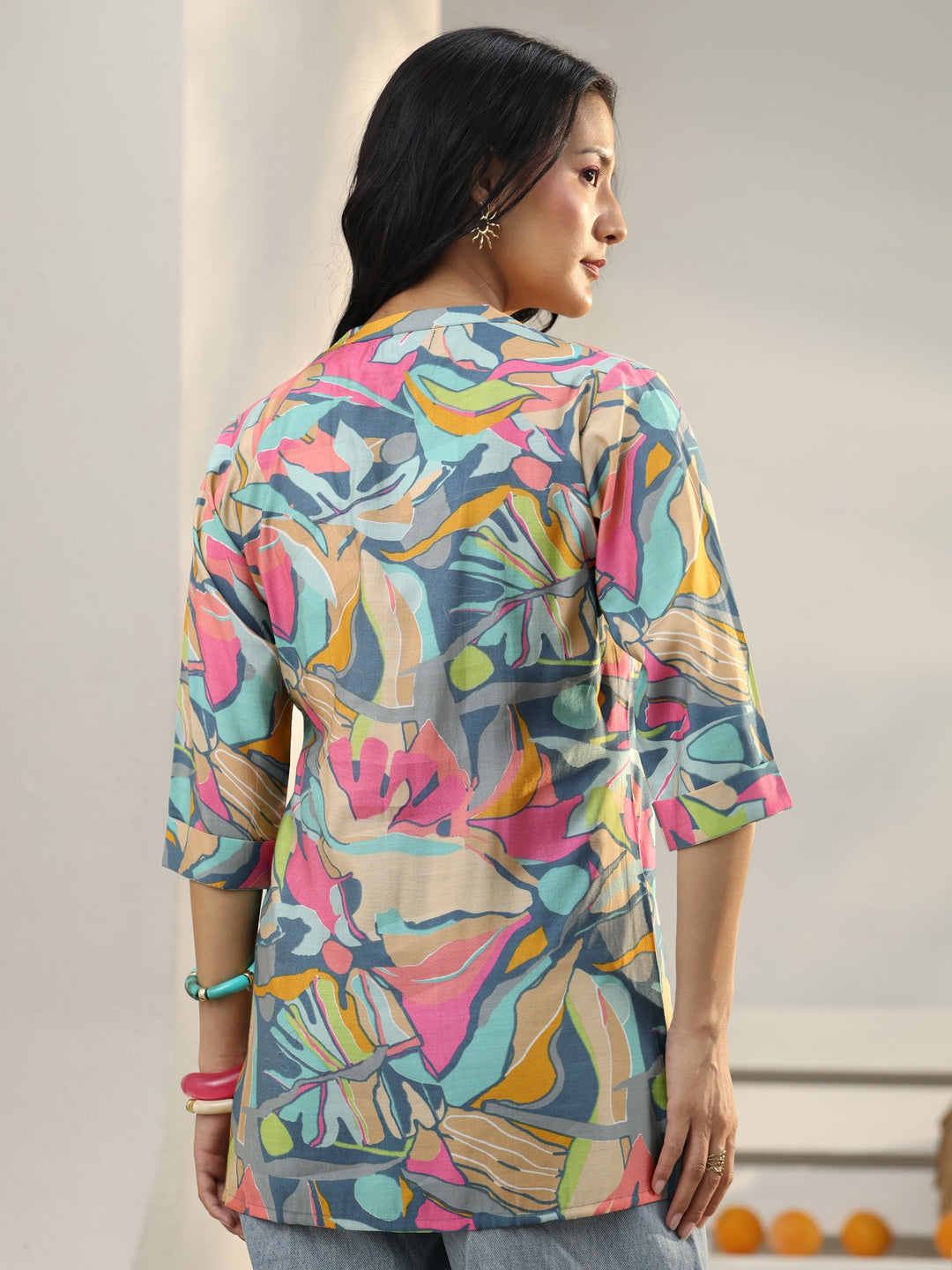 Multi Coloured Abstract Printed Silk Blend Straight Short Kurti