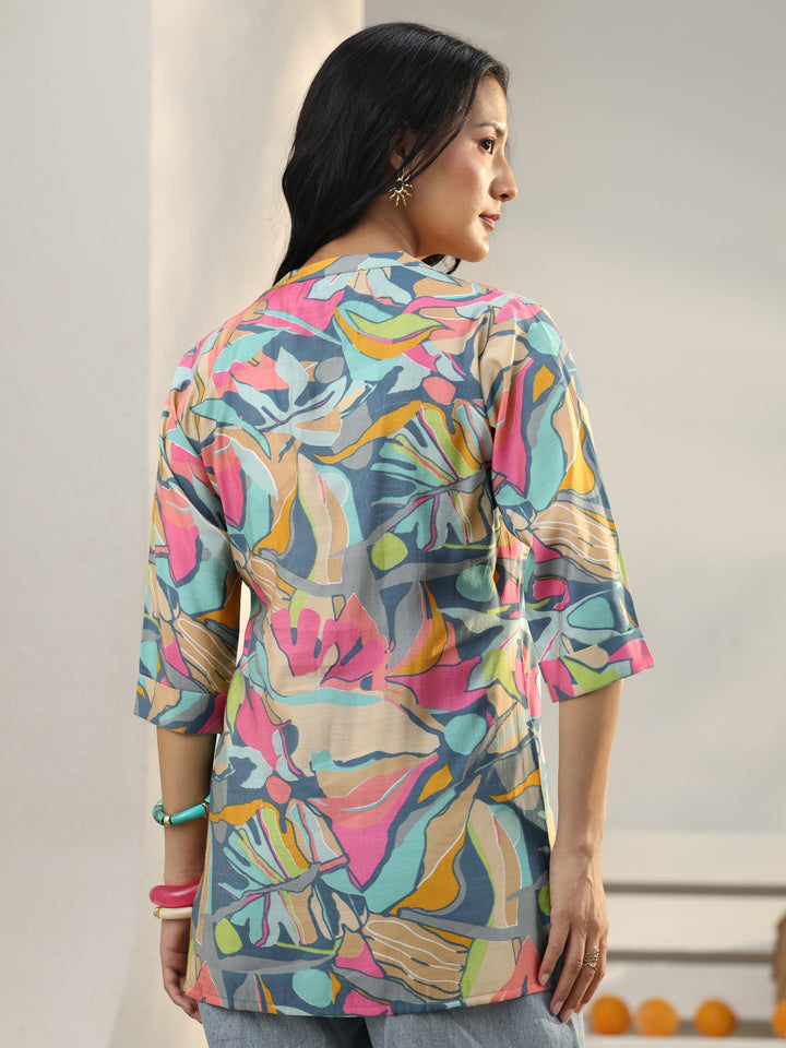 Multi Coloured Abstract Printed Silk Blend Straight Short Kurti