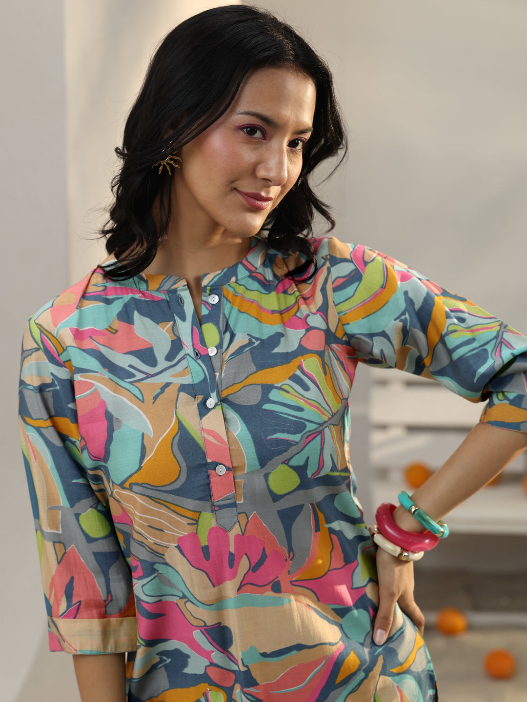 Multi Coloured Abstract Printed Silk Blend Straight Short Kurti