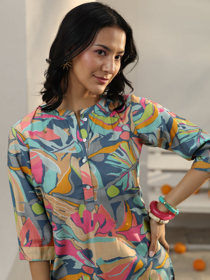Multi Coloured Abstract Printed Silk Blend Straight Short Kurti