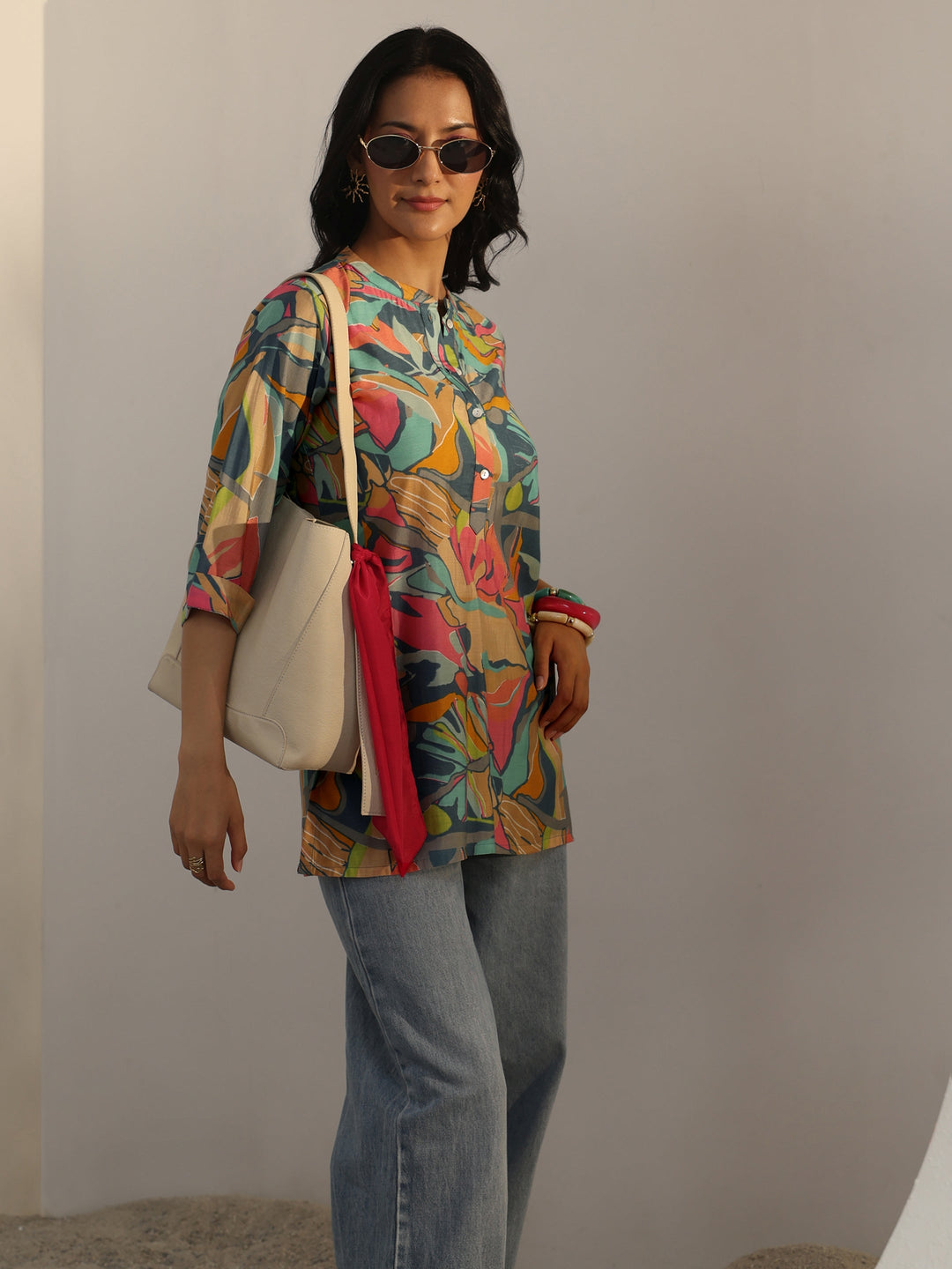 Multi Coloured Abstract Printed Silk Blend Straight Short Kurti