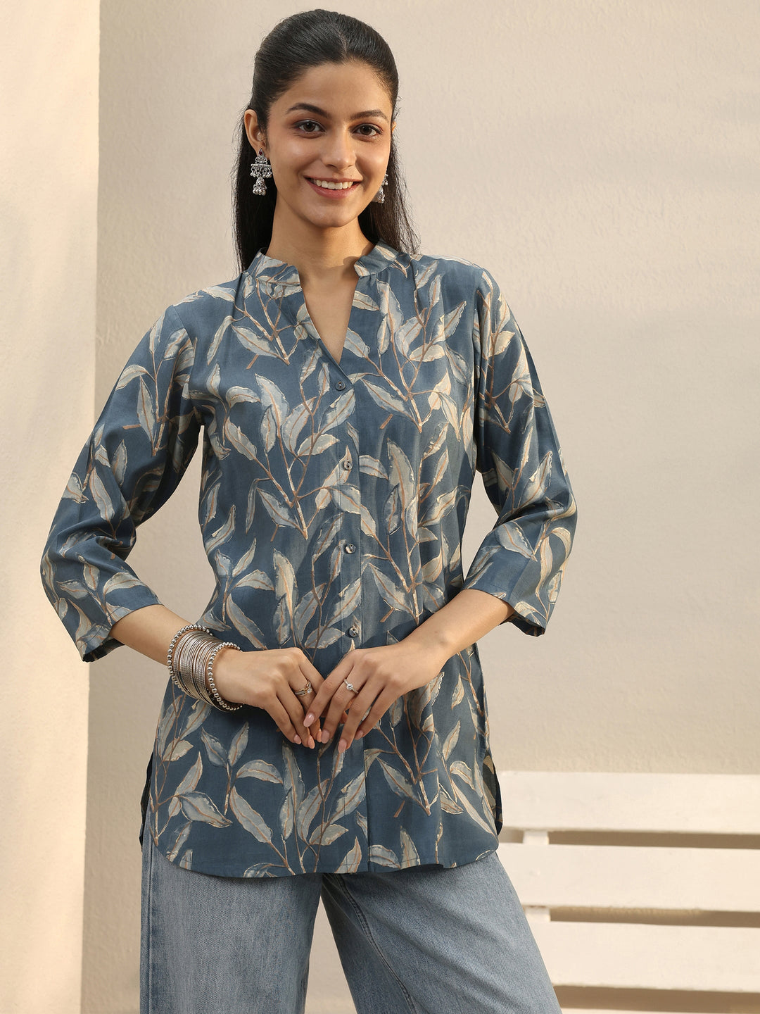Blue Floral Printed Silk Blend Shirt