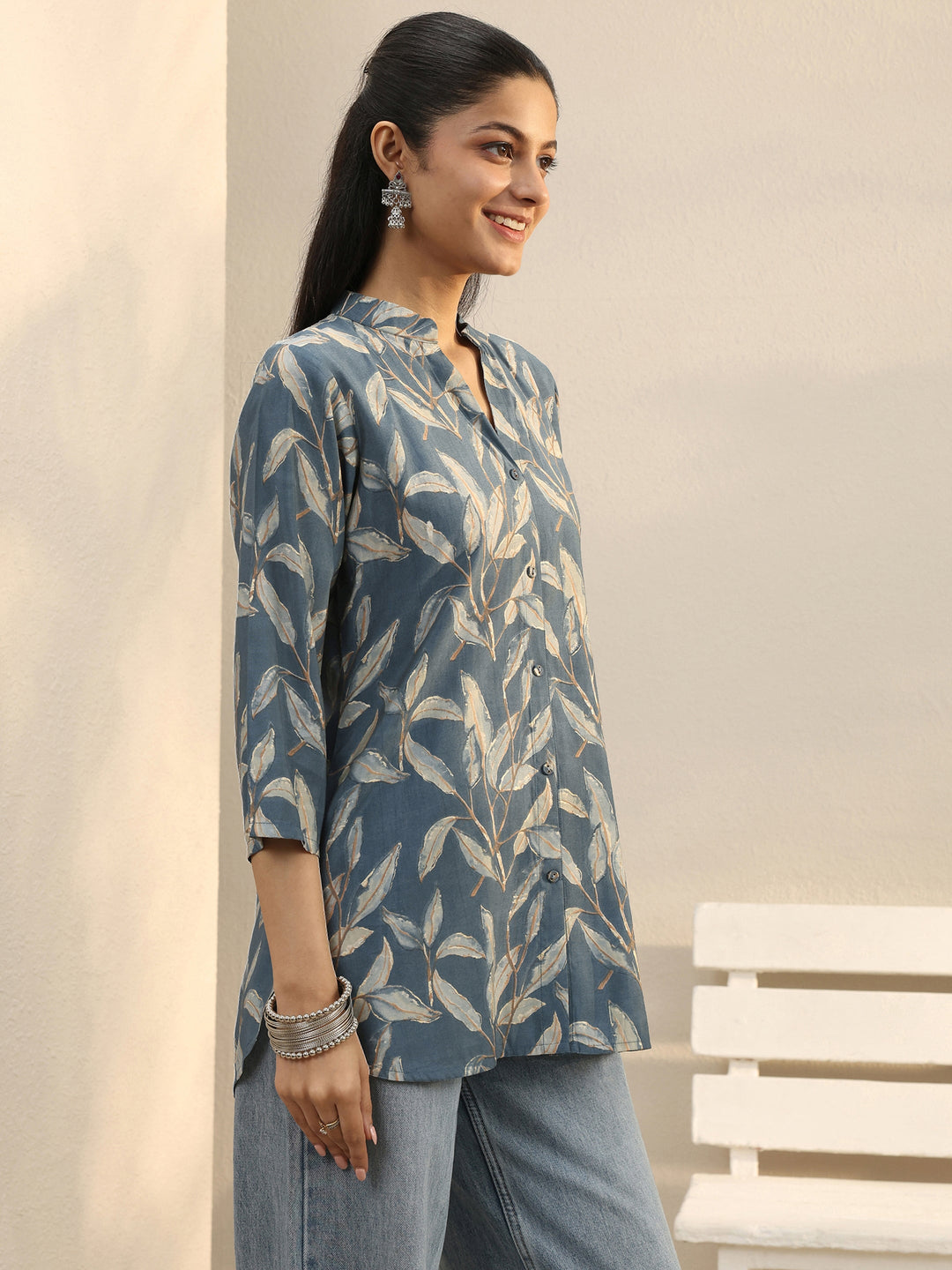 Blue Floral Printed Silk Blend Shirt