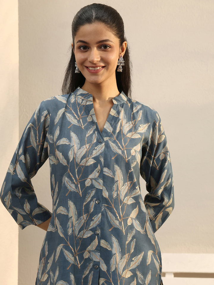 Blue Floral Printed Silk Blend Shirt