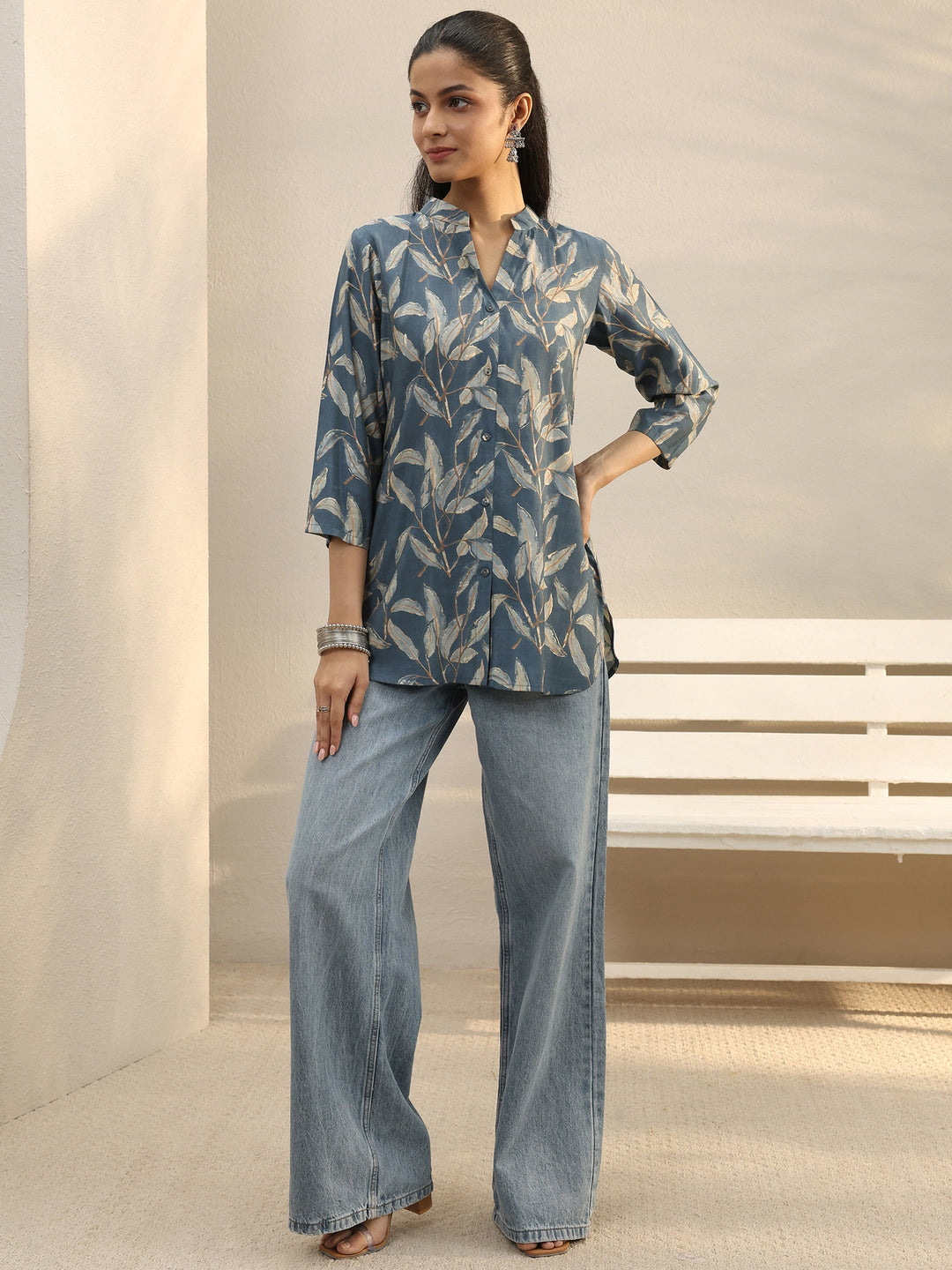 Blue Floral Printed Silk Blend Shirt