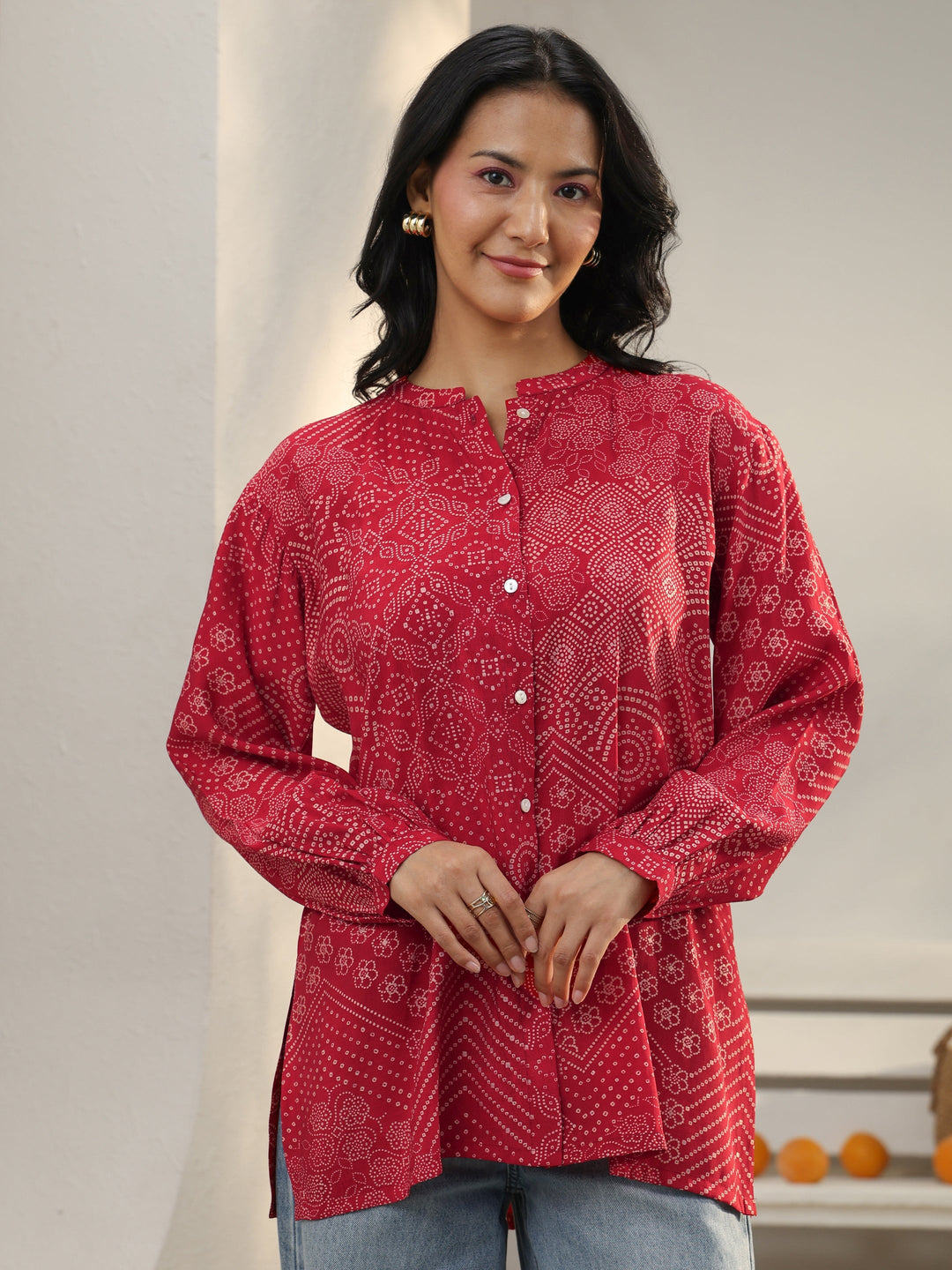 Red Bandhani Printed Silk Blend Shirt