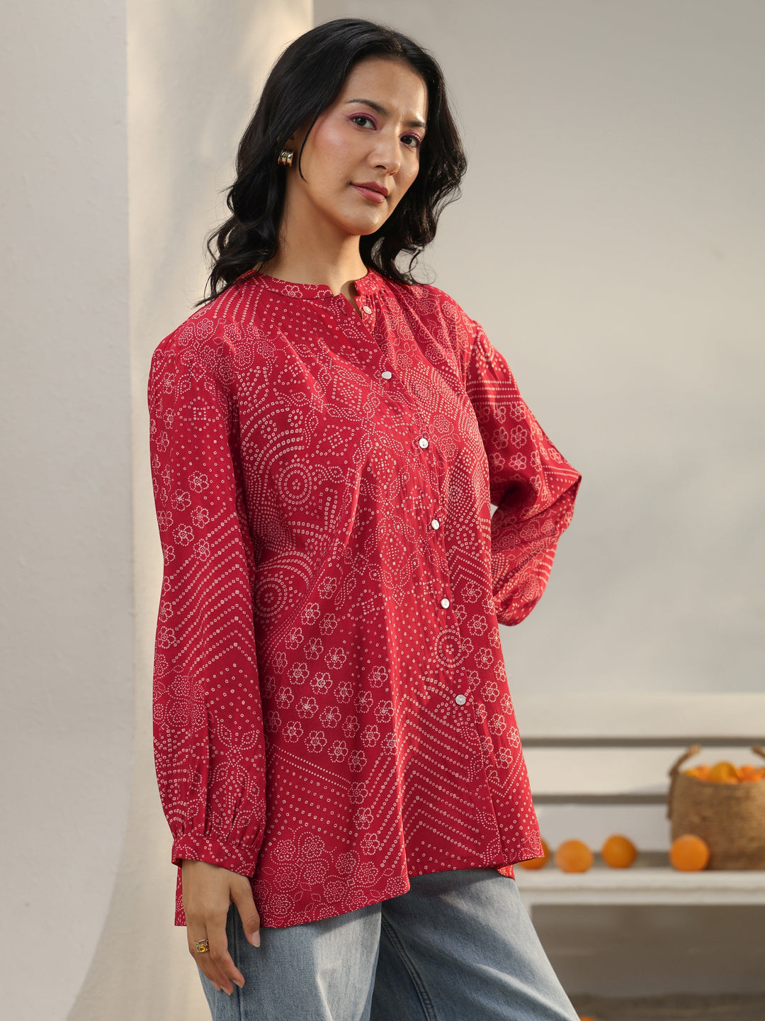 Red Bandhani Printed Silk Blend Shirt