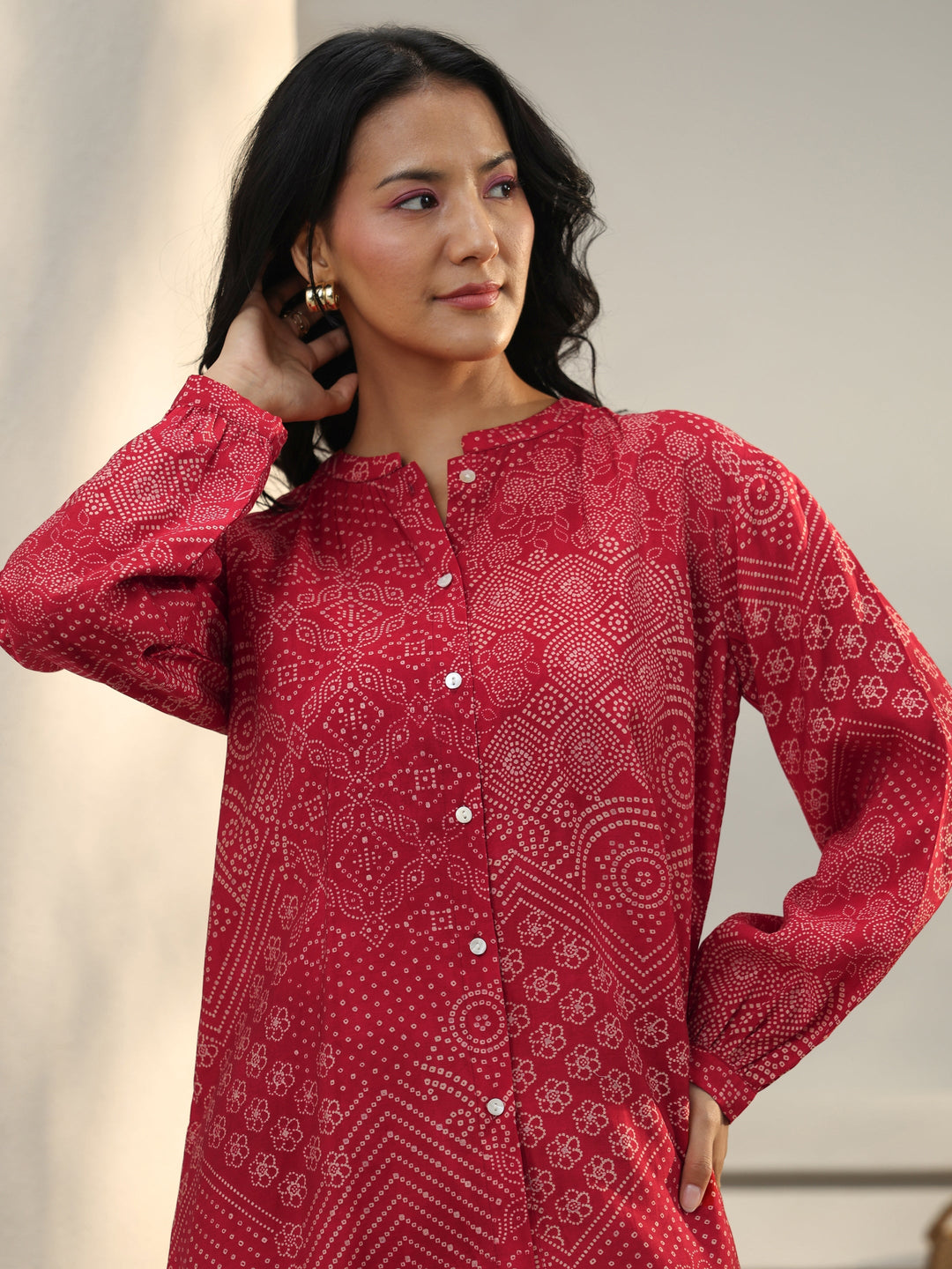 Red Bandhani Printed Silk Blend Shirt