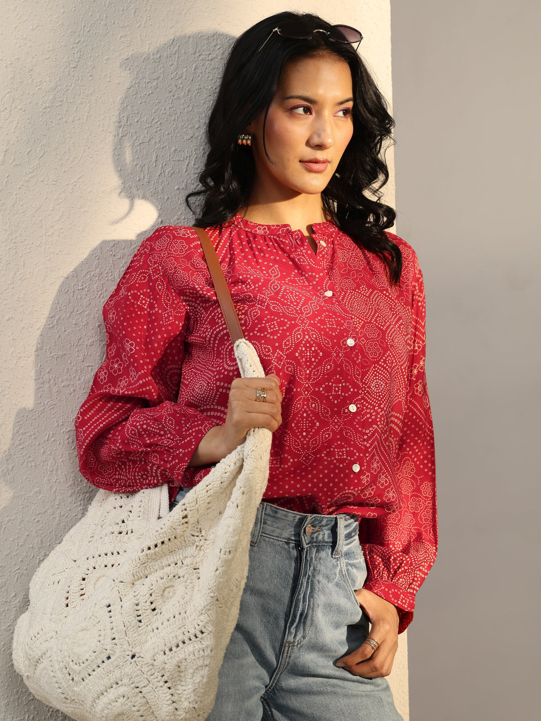 Red Bandhani Printed Silk Blend Shirt