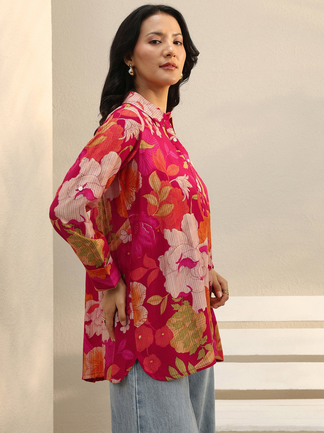 Pink Floral Printed Silk Blend Tunic