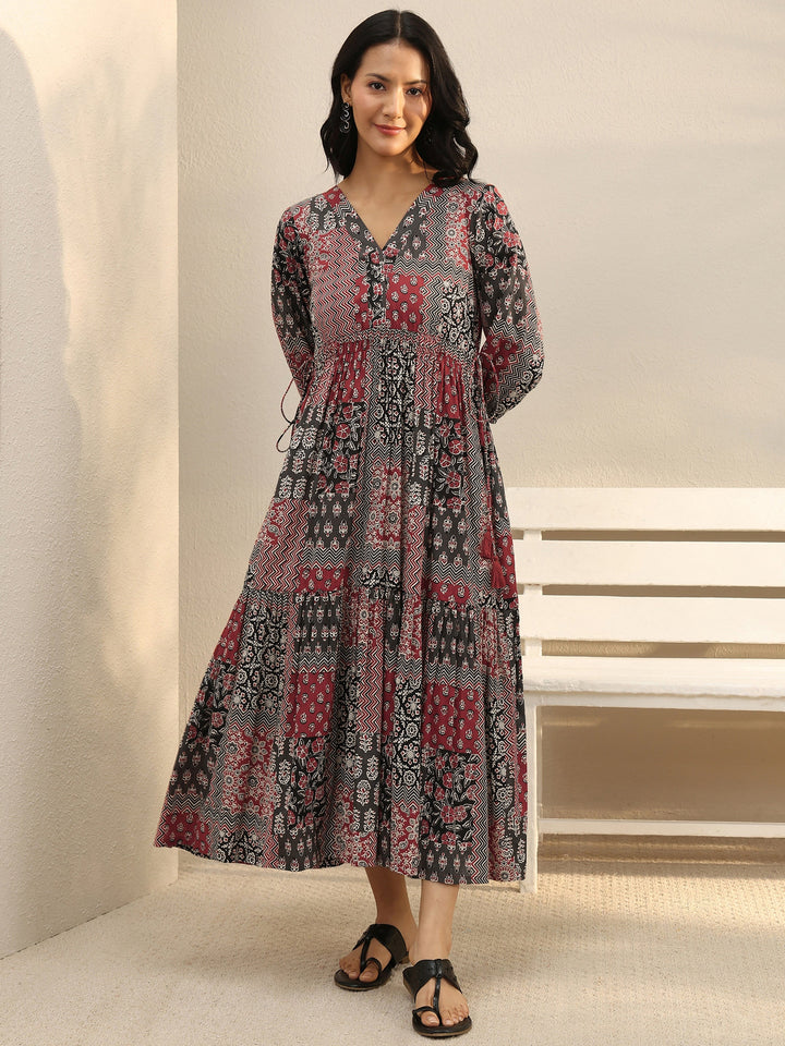 Multi Colour Ethnic Printed Cotton A-Line One Piece Dress