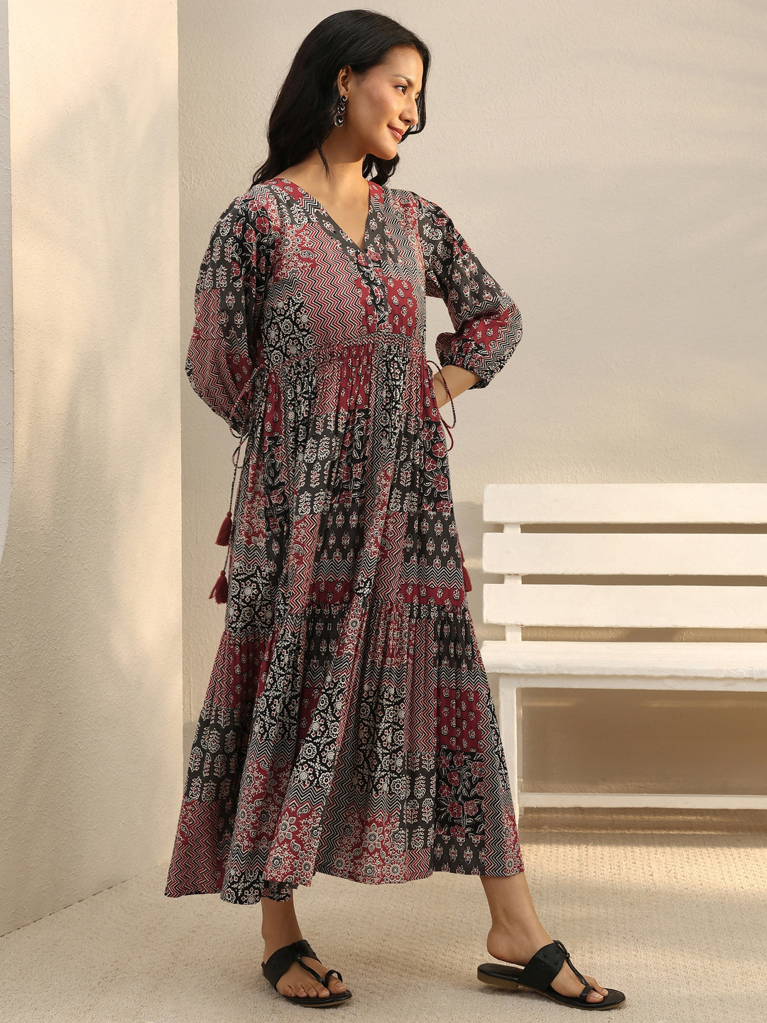 Multi Colour Ethnic Printed Cotton A-Line One Piece Dress