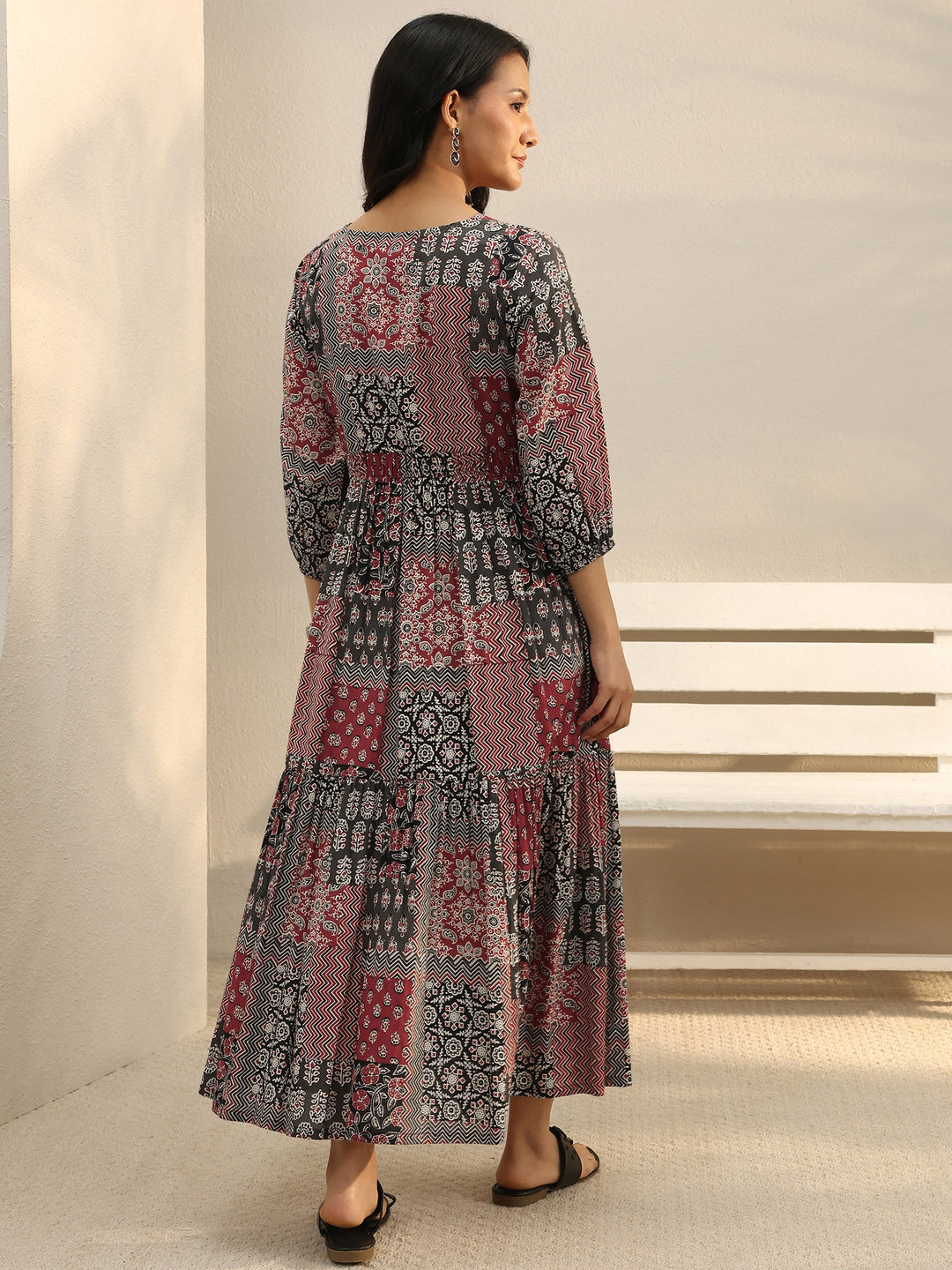 Multi Colour Ethnic Printed Cotton A-Line One Piece Dress