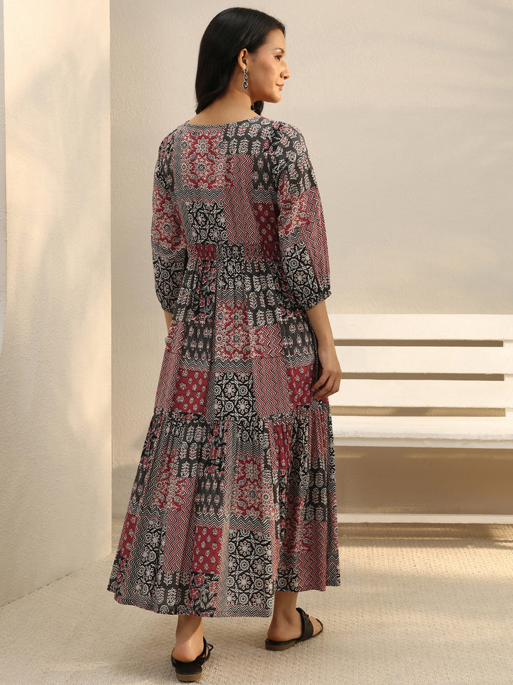 Multi Colour Ethnic Printed Cotton A-Line One Piece Dress