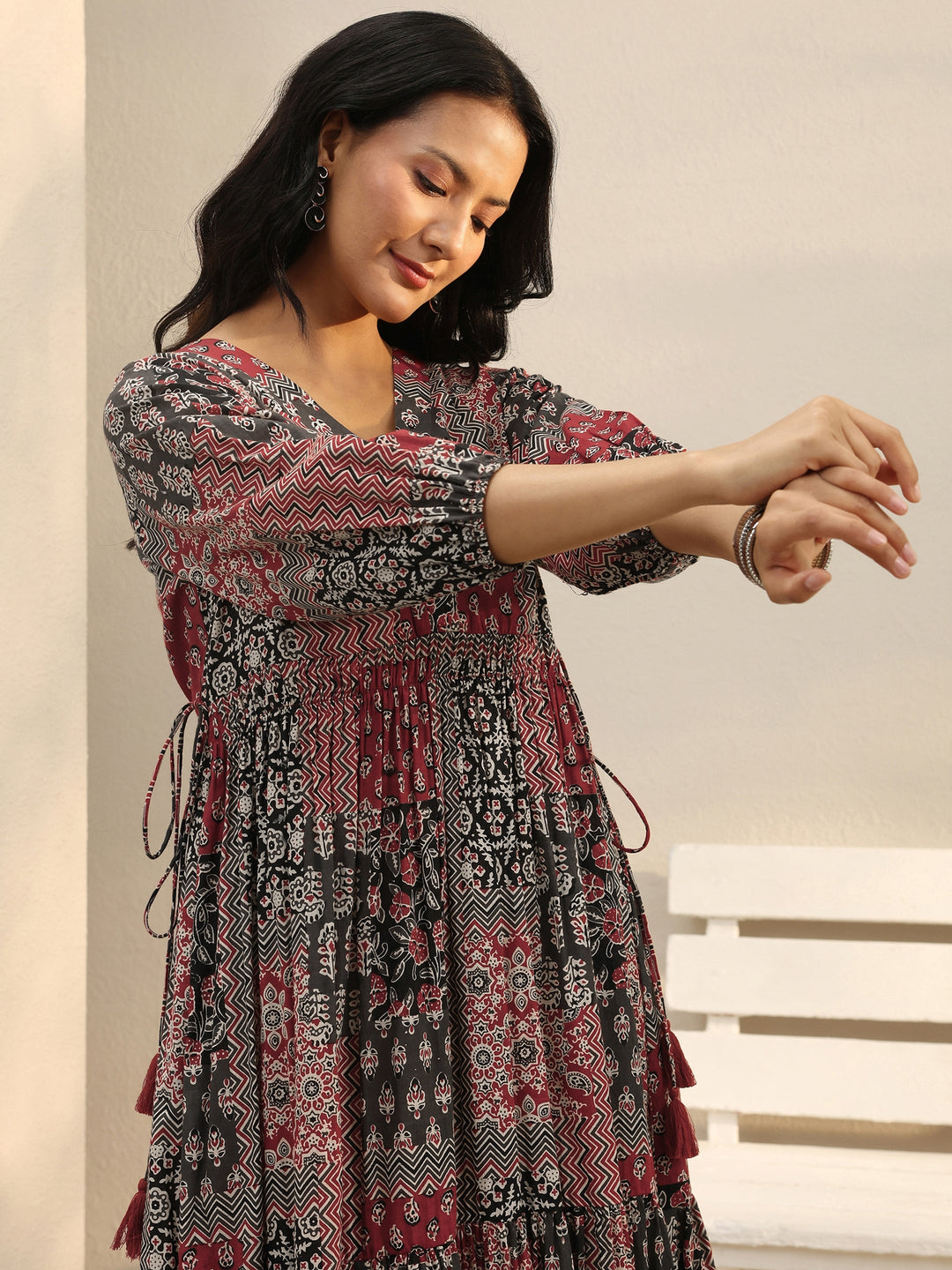 Multi Colour Ethnic Printed Cotton A-Line One Piece Dress