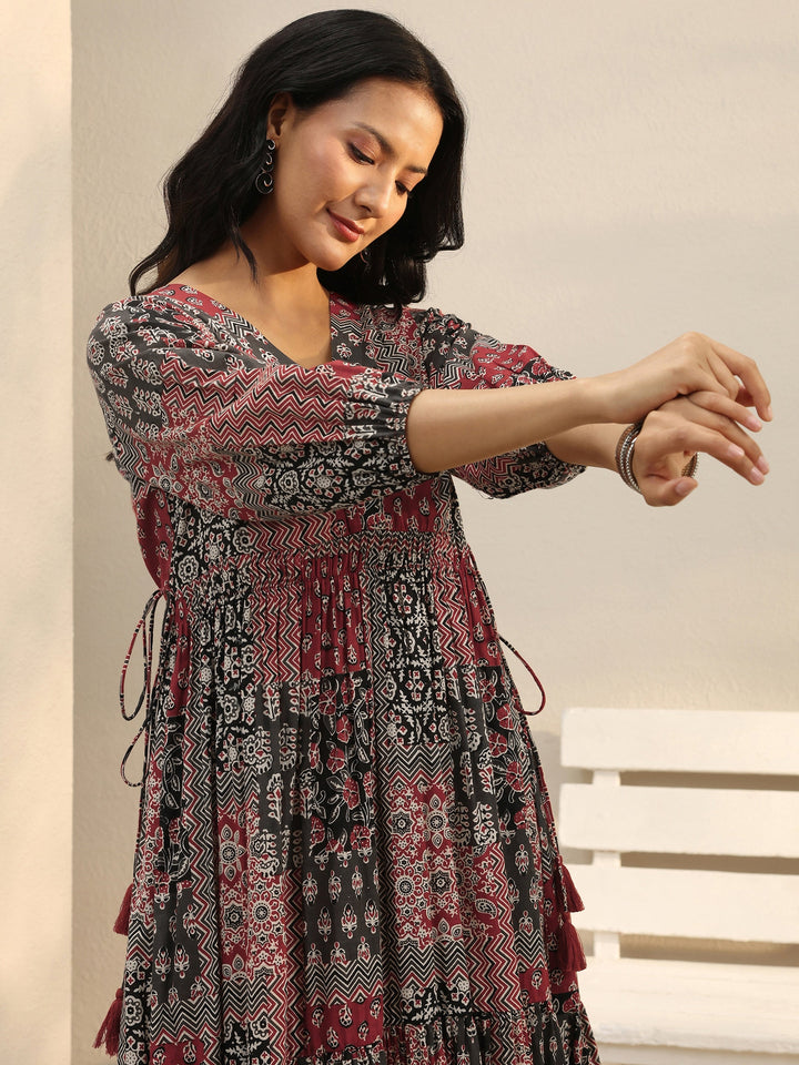 Multi Colour Ethnic Printed Cotton A-Line One Piece Dress