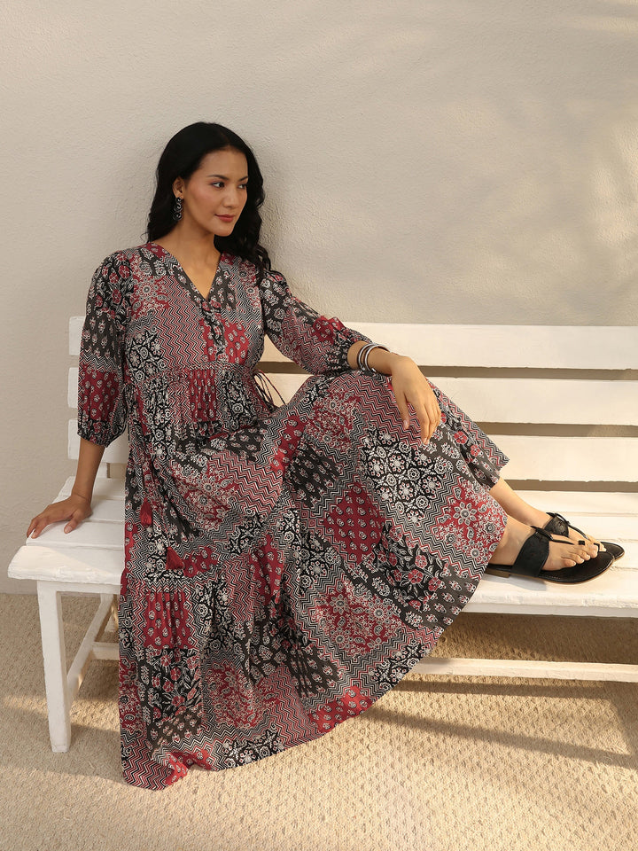 Multi Colour Ethnic Printed Cotton A-Line One Piece Dress