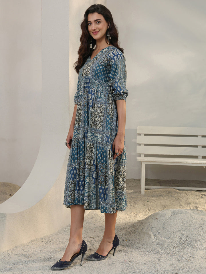 Blue Ethnic Printed Cotton A-Line One Piece Dress