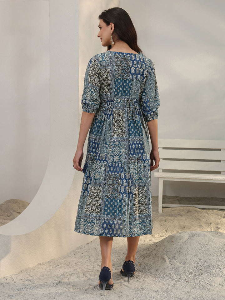 Blue Ethnic Printed Cotton A-Line One Piece Dress