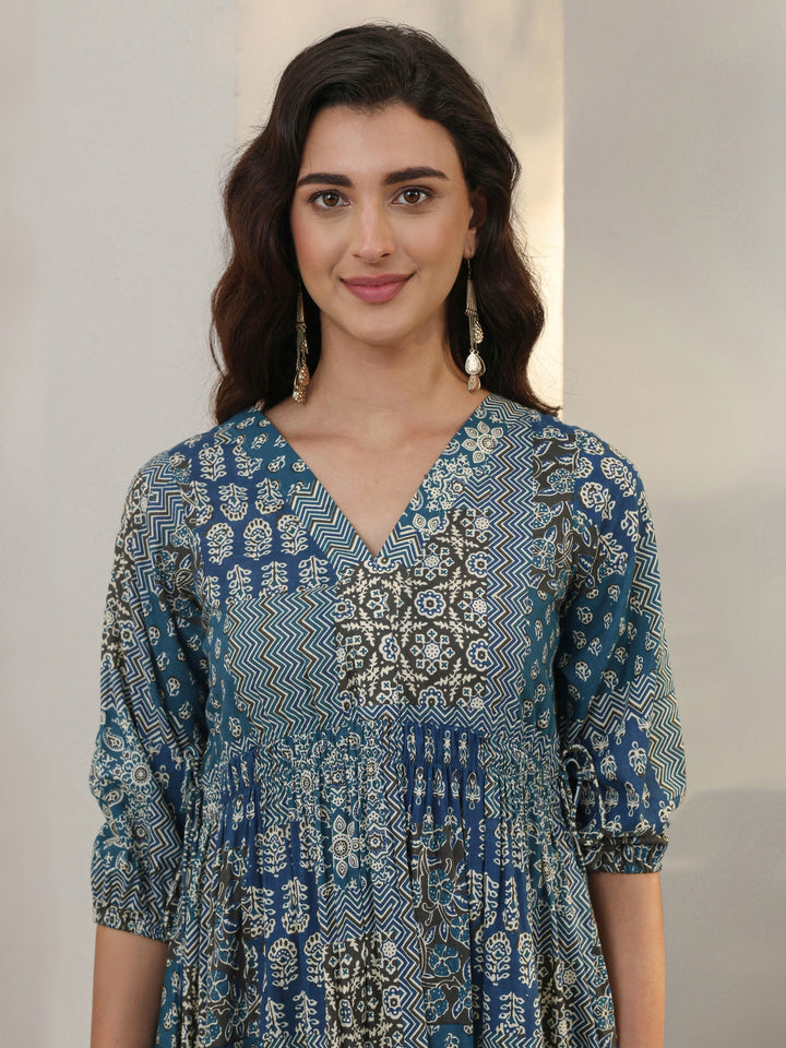Blue Ethnic Printed Cotton A-Line One Piece Dress
