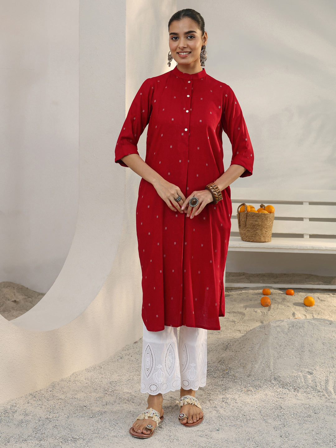 Red Woven Design Rayon Straight Kurta