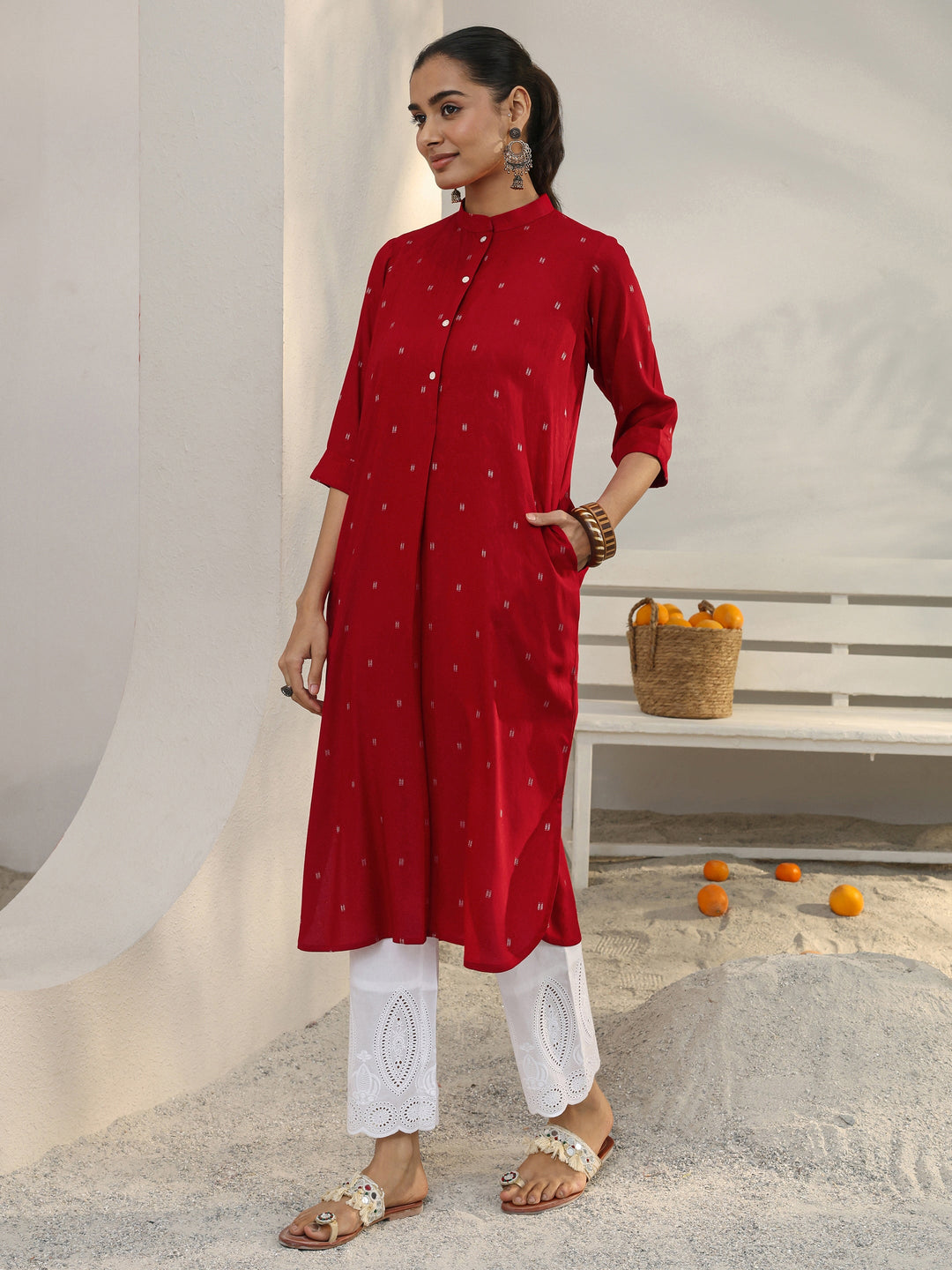 Red Woven Design Rayon Straight Kurta