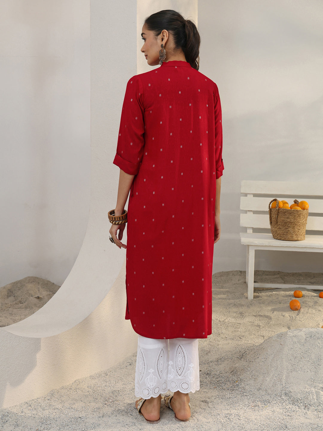 Red Woven Design Rayon Straight Kurta