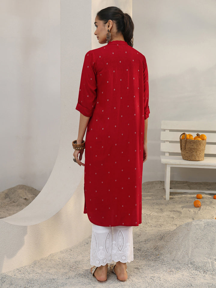 Red Woven Design Rayon Straight Kurta