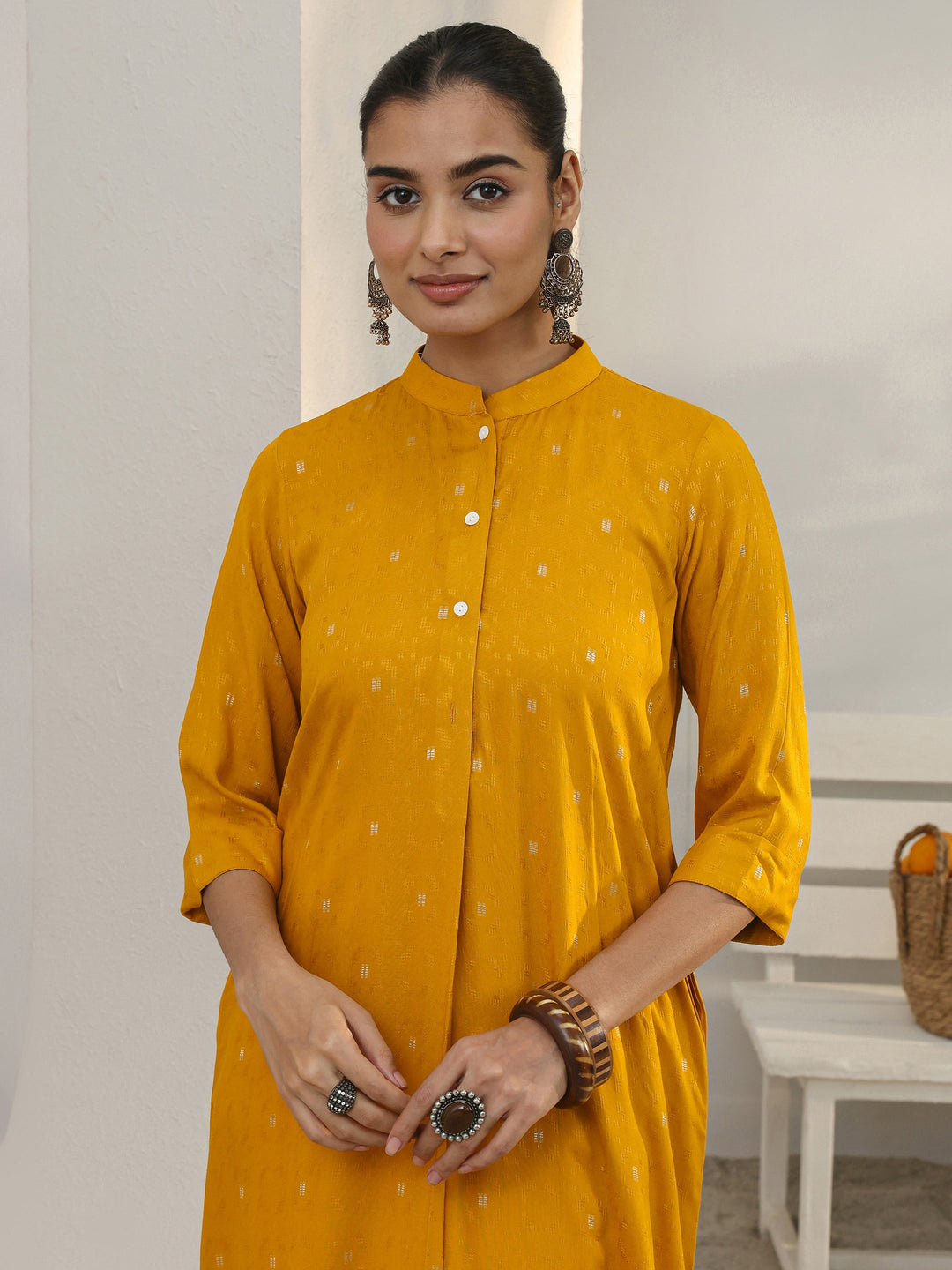 Mustard Woven Design Rayon Straight Kurta