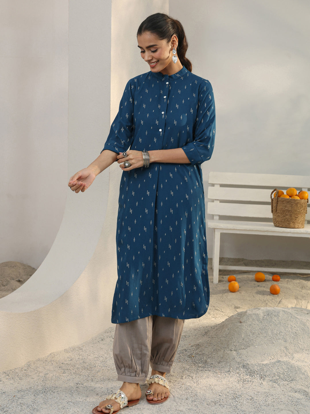 Blue Woven Design Rayon Straight Kurta