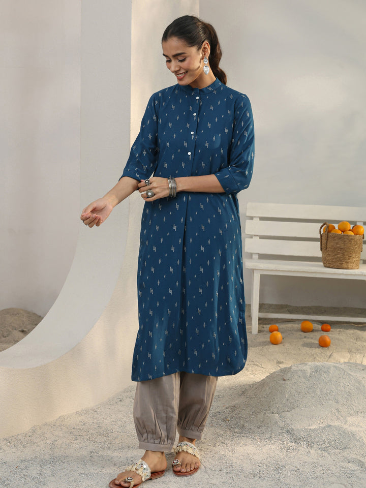 Blue Woven Design Rayon Straight Kurta