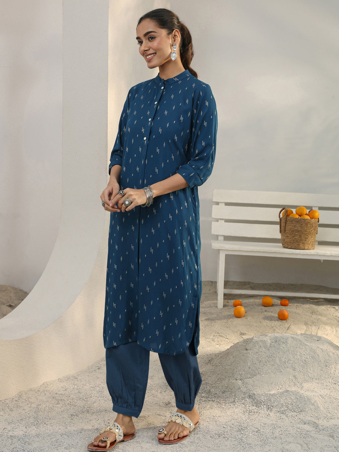 Blue Woven Design Rayon Straight Kurta