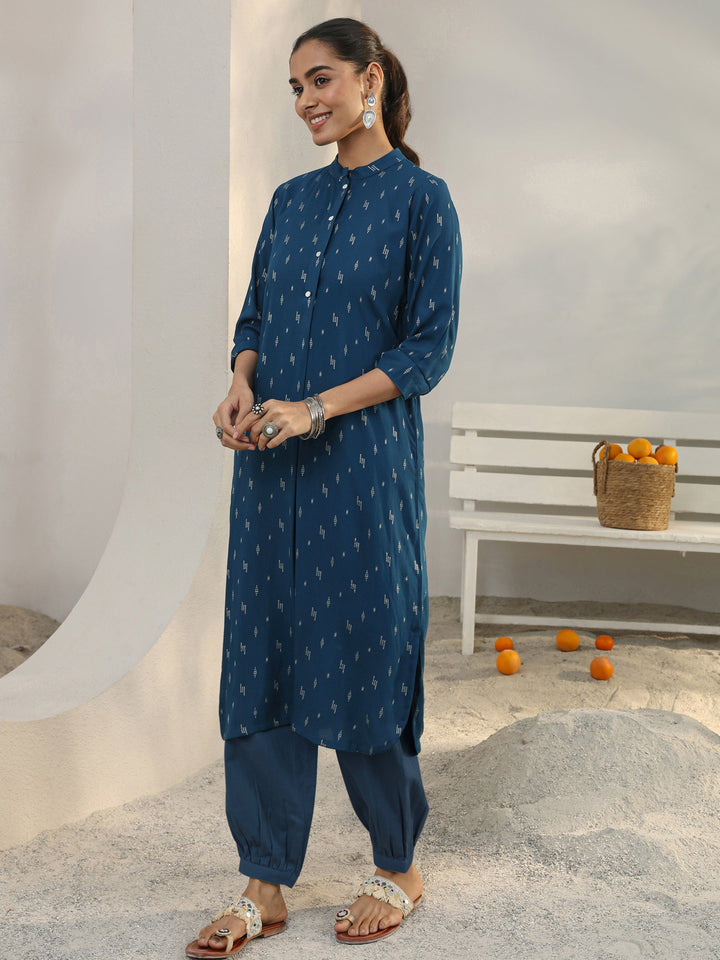 Blue Woven Design Rayon Straight Kurta