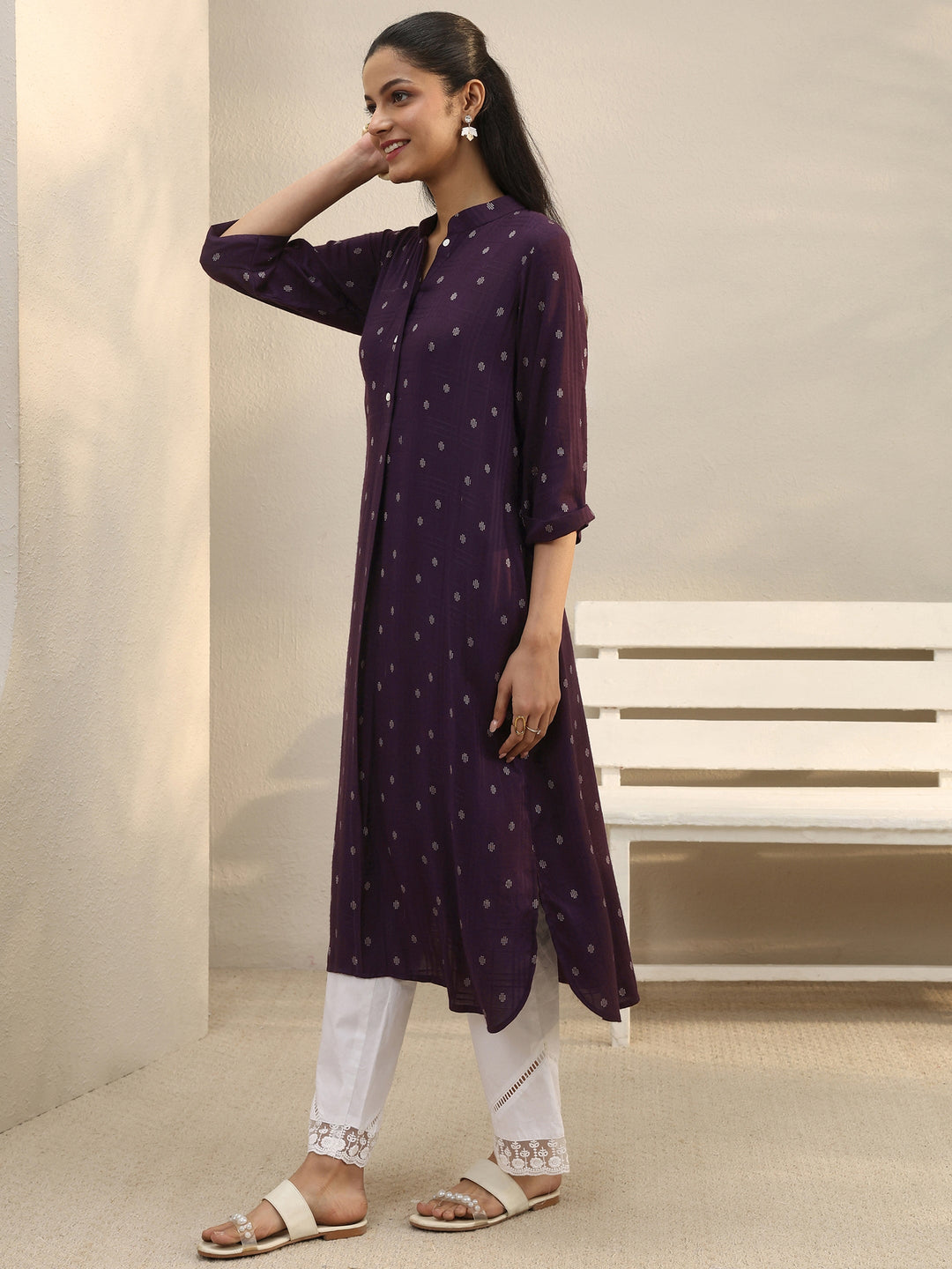Burgundy Woven Design Rayon Straight Kurta
